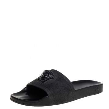 Pre Owned Versace Black Rubber Medusa Flat Slides Size 41