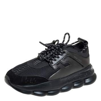 Pre Owned Versace Black Mesh And Leather Chain Reaction Sneakers Size 45