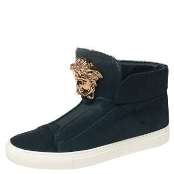 Pre Owned Versace Blue Calf Hair Medusa Embellished High Top Sneakers Size 40