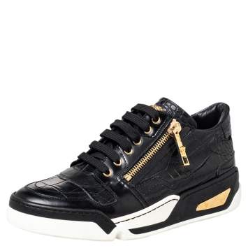Pre Owned Versace Black Croc Embossed And Leather Low Top Sneakers Size 41