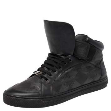 Pre Owned Versace Black Monogram Nylon and Leather Lace High Top Sneakers Size 41
