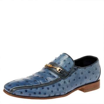 Pre Owned Versace Blue Ostrich Leather Medusa Chain Detail Loafers Size 41