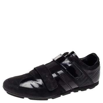 Pre Owned Versace Black Patent Leather And Suede Double Velcro Strap Low Top Sneakers Size 40