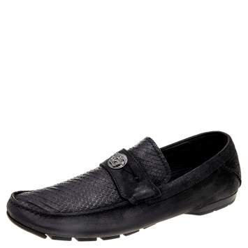 Pre Owned Versace Black Nubuck Leather and Python Medusa Loafers Size 41 