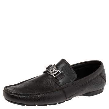 Pre Owned Versace Dark Brown Leather Medusa Embellished Slip On Loafers 41.5