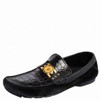 Pre Owned Versace Black Croc Embossed Leather And Suede Medusa Loafers Size 42
