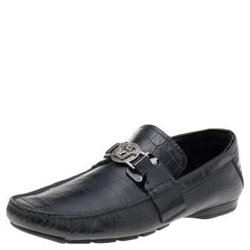 Pre Owned Versace Black Croc Embossed And Patent Leather Medusa Loafers Size 41