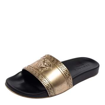 Pre Owned Versace Gold Rubber Medusa Flat Slides Size 41.5 
