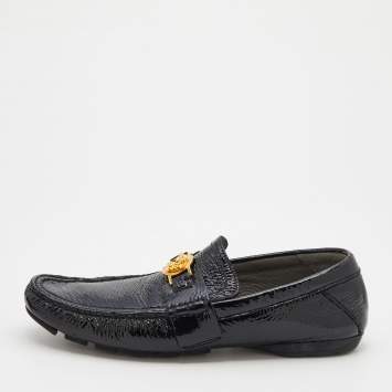 Pre Owned Versace Black Patent Leather Medusa Detail Slip On Loafers Size 43