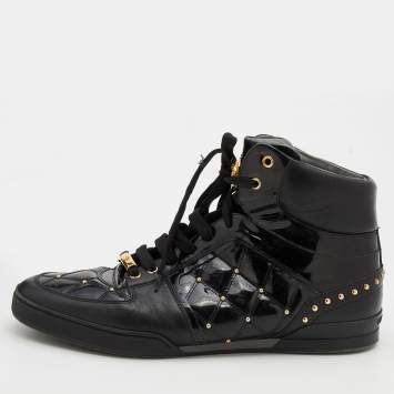 Pre Owned Versace Black Leather And Patent Leather Studded Medusa High Top Sneakers Size 46