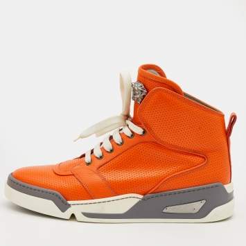 Pre Owned Versace Orange Perforated Leather Medusa High-top Sneakers Size 42