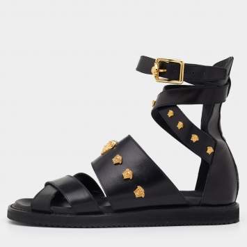 Pre Owned Versace Black Leather Medusa Gladiator Flat Sandals Size 44