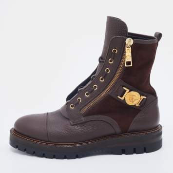 Pre Owned Versace Brown Leather And Suede Medusa Combat Boots Size 43