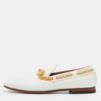 Pre Owned Versace White Leather Medusa Chain Link Smoking Slippers Size 44