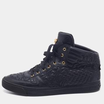 Pre Owned Versace Black Embroidered Leather Medusa High Top Sneakers Size 45