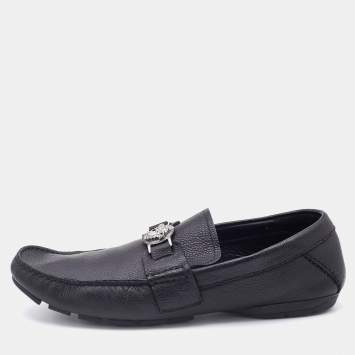 Pre Owned Versace Black Leather Medusa Embellished Slip On Loafers Size 42