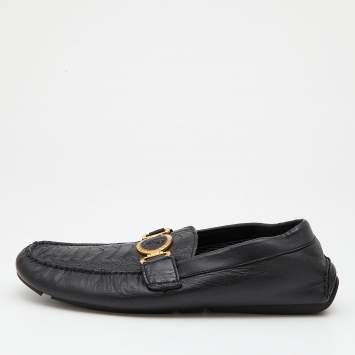 Pre Owned Versace Black Ostrich Leg Leather Medusa Slip On Loafers Size 44