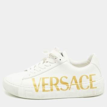 Pre Owned Versace White Leather Greca Logo Sneakers Size 40