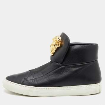 Pre Owned Versace Black Leather Palazzo Medusa High Top Slip On Sneakers Size 44