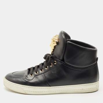 Pre Owned Versace Black Leather Medusa Lace High Top Sneakers Size 42.5