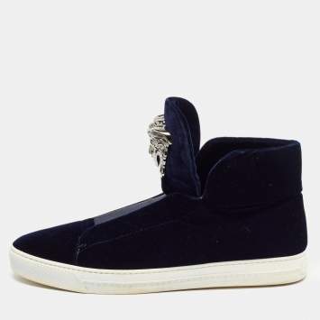Pre Owned Versace Dark Blue Velvet Palazzo Medusa High Top Sneakers Size 44