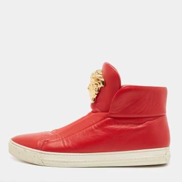 Pre Owned Versace Red Leather Palazzo Medusa High Top Sneakers Size 44