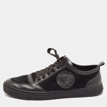 Pre Owned Versace Black Suede and Leather Medusa Low Top Sneakers Size 41.5