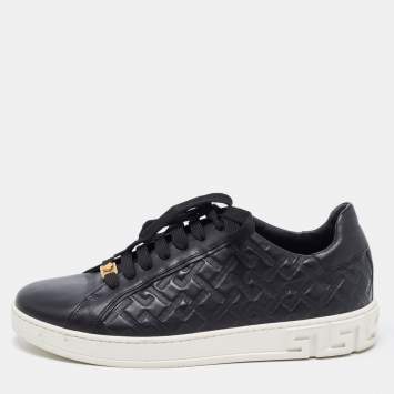 Pre Owned Versace Black Leather Low Top Sneakers Size 42