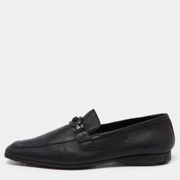 Pre Owned Versace Black Leather Medusa Buckle Slip On Loafers Size 46