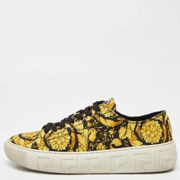 Pre Owned Versace Yellow/Black Canvas Greca Barocco Low Top Sneakers Size 43