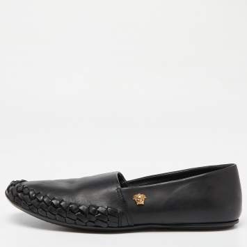 Pre Owned Versace Black Leather Medusa Slip on Loafers Size 42