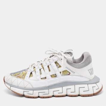 Pre Owned Versace White/Yellow Leather and Fabrice Low Top Sneakers Size 46