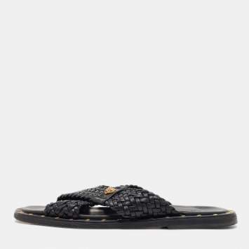Pre Owned Versace Black Studded Woven Leather Medusa Slide Sandals Size 42