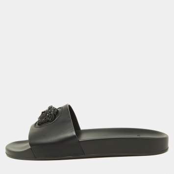 Pre Owned Versace Black Leather Medusa Flat Slide Sandals Size 43