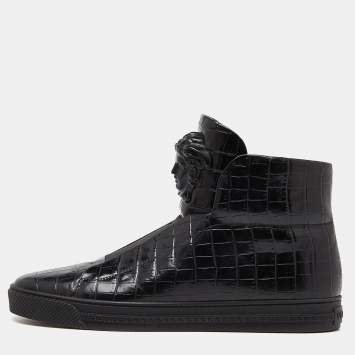 Pre Owned Versace Black Croc Embossed Leather Palazzo Medusa High Top Sneakers Size 43