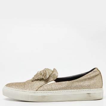 Pre Owned Versace Gold Glitter Palazzo Medusa Slip On Sneakers Size 41