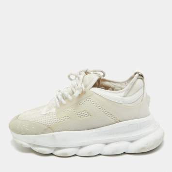 Pre Owned Versace White Suede and PVC Chain Reaction Sneakers Size 42