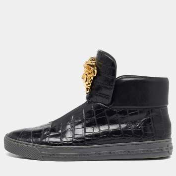Pre Owned Versace Black Croc Embossed Leather Medusa High Top Sneakers Size 42