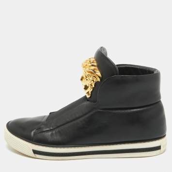 Pre Owned Versace Black Leather Palazzo High Top Sneakers Size 39.5