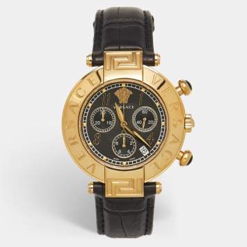 Versace Black Gold Plated Stainless Steel Embossed Leather Reve Q5C Men's Wristwatch 40 mm