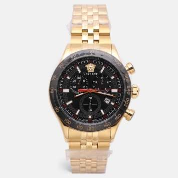 Pre Owned Versace Black Gold Plated Stainless Steel Hellenyium Men's Wristwatch 44 mm