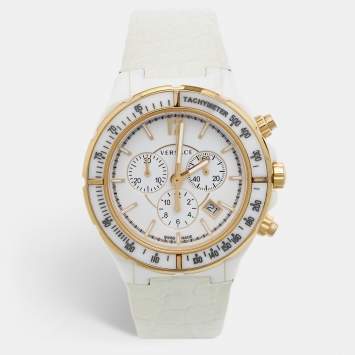Pre Owned Versace White Ceramic Rose Gold Plated Stainless Steel Leather DV One Chronograph 28C Unisex Wristwatch 42 mm