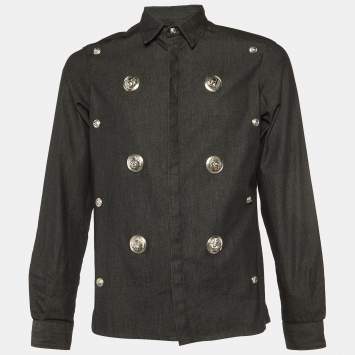 Versus Versace Black Cotton Logo Button Embellished Shirt M