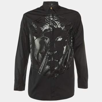 Pre Owned Versus Versace Black Tiger Print Cotton Button Front Shirt M