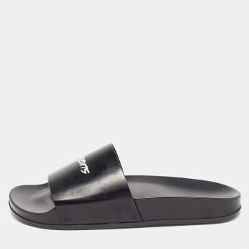 Pre Owned Vetements Black Leather Logo Flat Slides Size 43