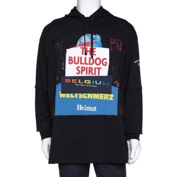 Pre Owned Vetements Black Knit 'Bulldog Spirit' Patchwork Hoodie XS