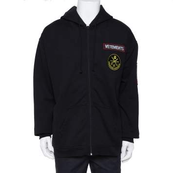 Pre Owned Vetements Black Knit Russian Police Zipper Front Hoodie L