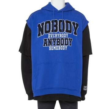 Pre Owned Vetements Blue & Black Embroidered Cotton Oversized Hoodie S