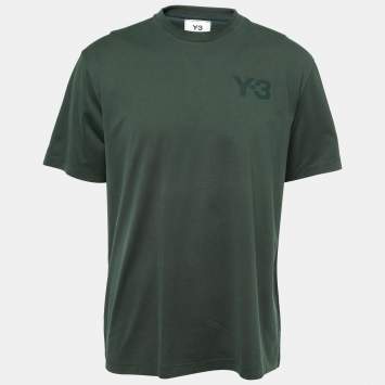 Pre Owned Y-3 Dark Green Cotton Logo Patch Crew Neck Half Sleeve T-Shirt L