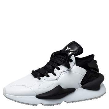 Pre Owned Y-3 White/Black Leather And Stretch Fabric Kaiwa Sneakers Size 43 1/3